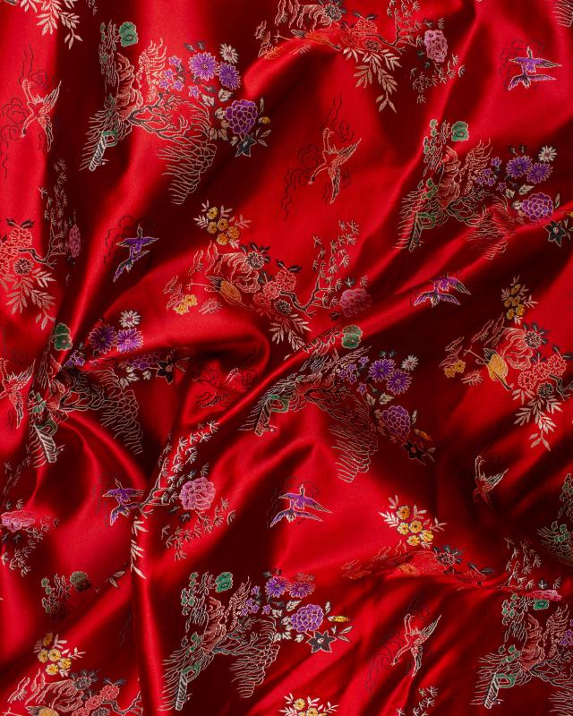 Satin jacquard nature asiatique Rouge - Tissushop